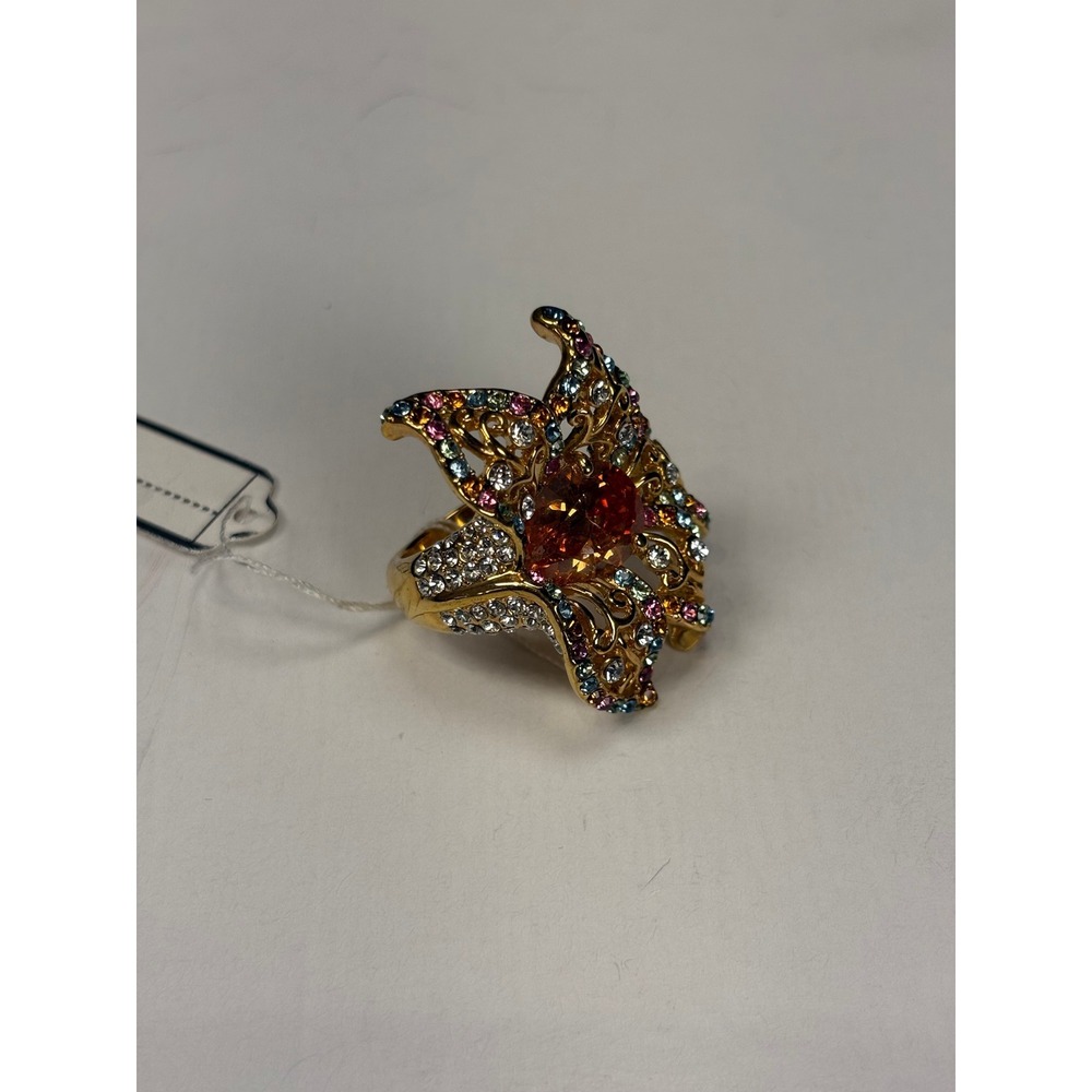 Gold Tone Multi Color‎ Rhinestone Filigree Butterfly Statement Cocktail Ring - Picture 8 of 9